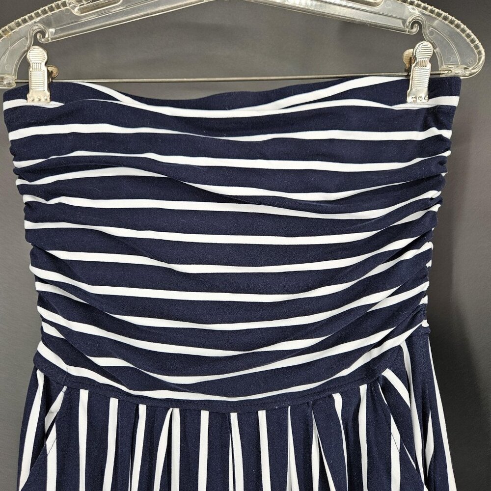 Jumpsuit Junior Large Navy White Stripe Strapless Capri Pockets Nautical Coastal - Picture 2 of 16